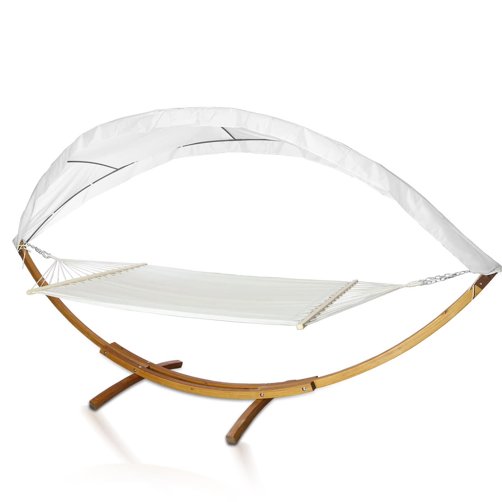 410cm Hängematte XXL mit Gestell und Sonnendach, Liegefläche 200x150 cm, Hammock aus wetterfestem Lärchenholz, bis 200kg, Stabhängematte für 2 Personen Outdoor und Indoor