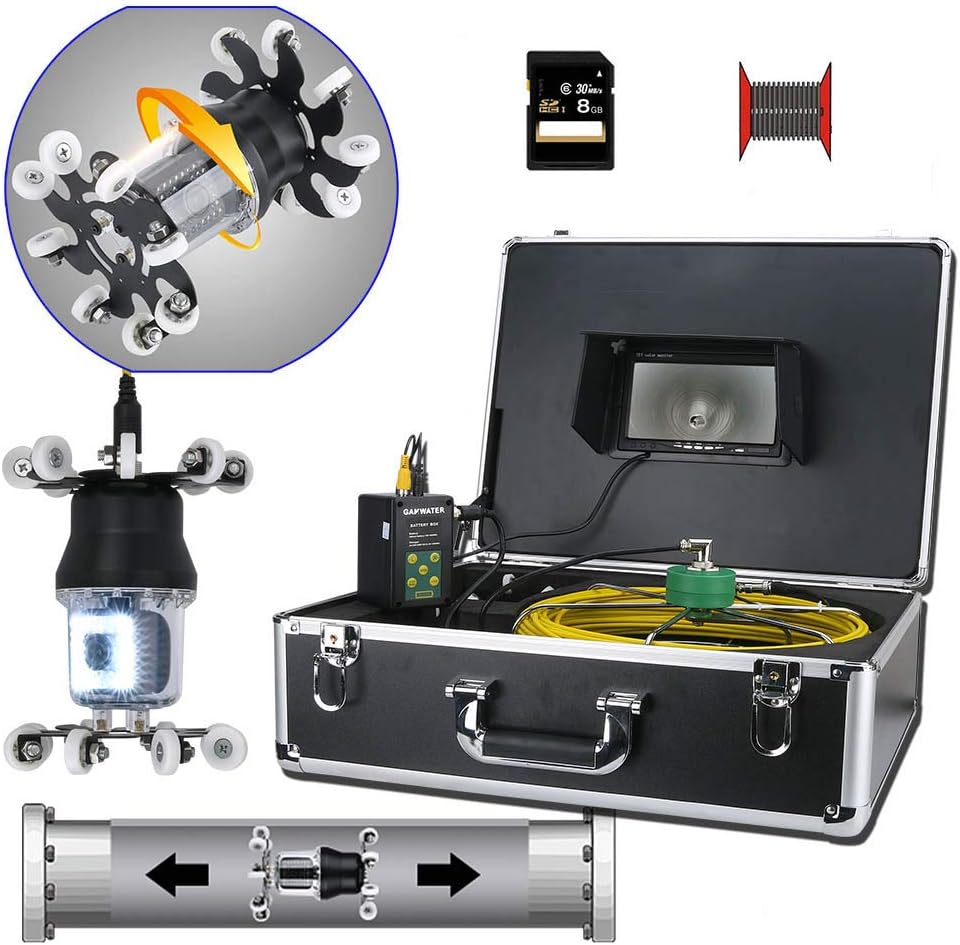 7 inch Monitor DVR Recorder Pipe Inspection Video Camera, Drain Sewer Pipeline Industrial Endoscope IP68 38 LEDs 360 Degree Rotating Camera