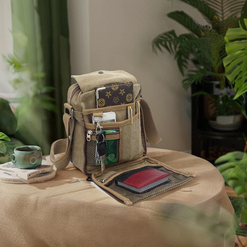 Vista 8 de MosaiRudo Bolsa de mensajero pequeña de lona para hombre, bolsa de hombro casual para hombres y mujeres, bolsa de transporte de viaje, bolsa