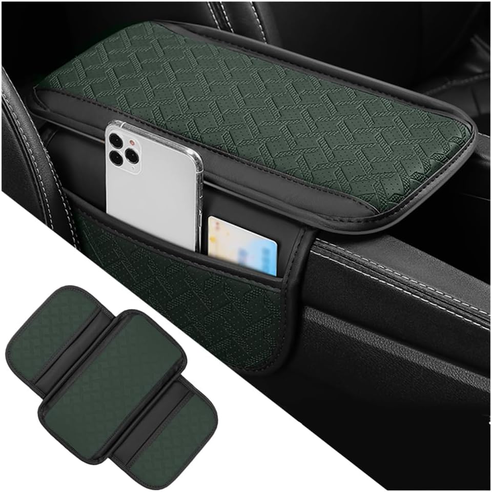 carleef Car Armrest Cover with Pocket Organizer,Leather Middle Console Cover Distributes Elbow Stress,Upgraded Center Console Armrest Cover Increase Car Storage for Most Cars (Black Green)