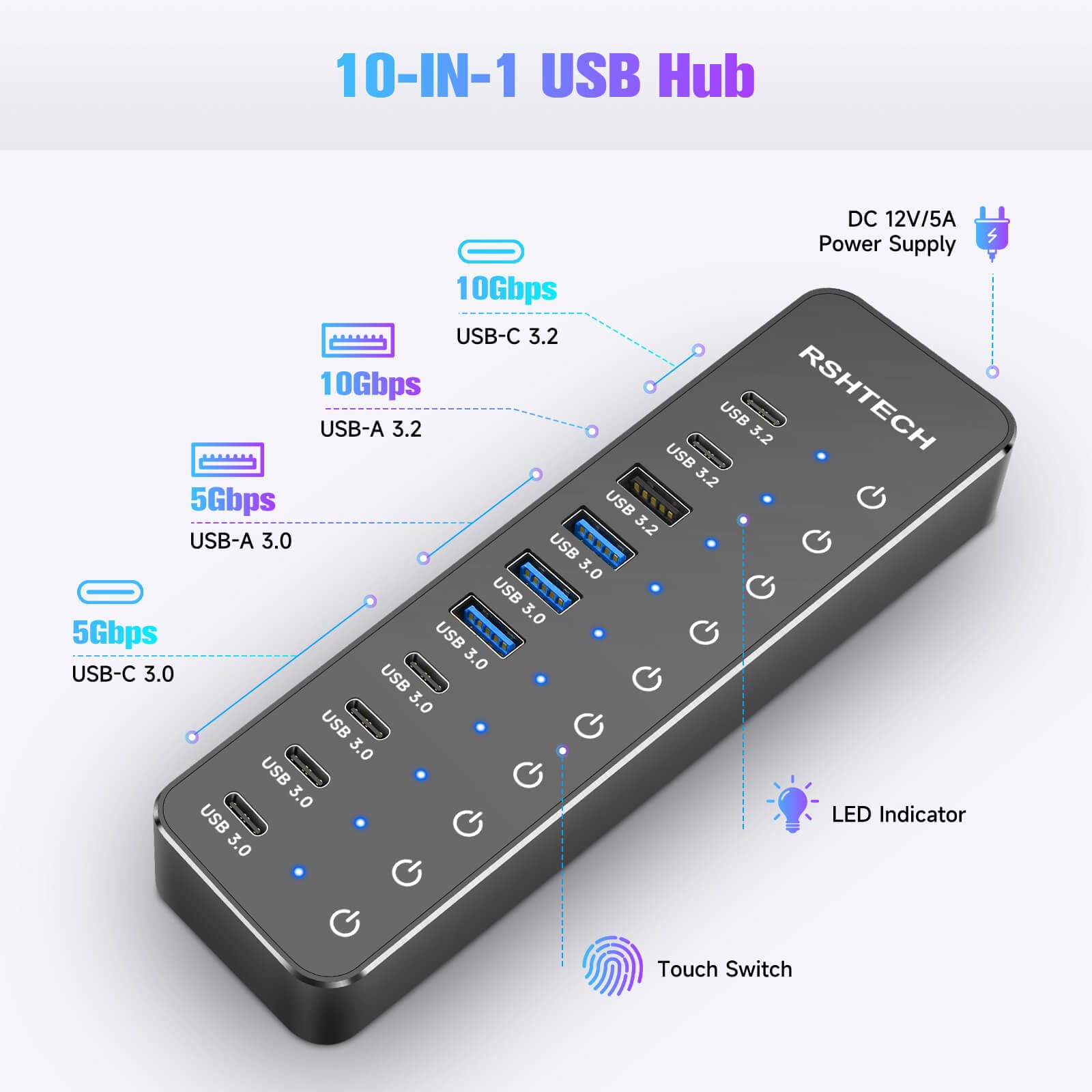RSHTECH Hub répartiteur USB 3.2/USB C alimenté par 10 ports