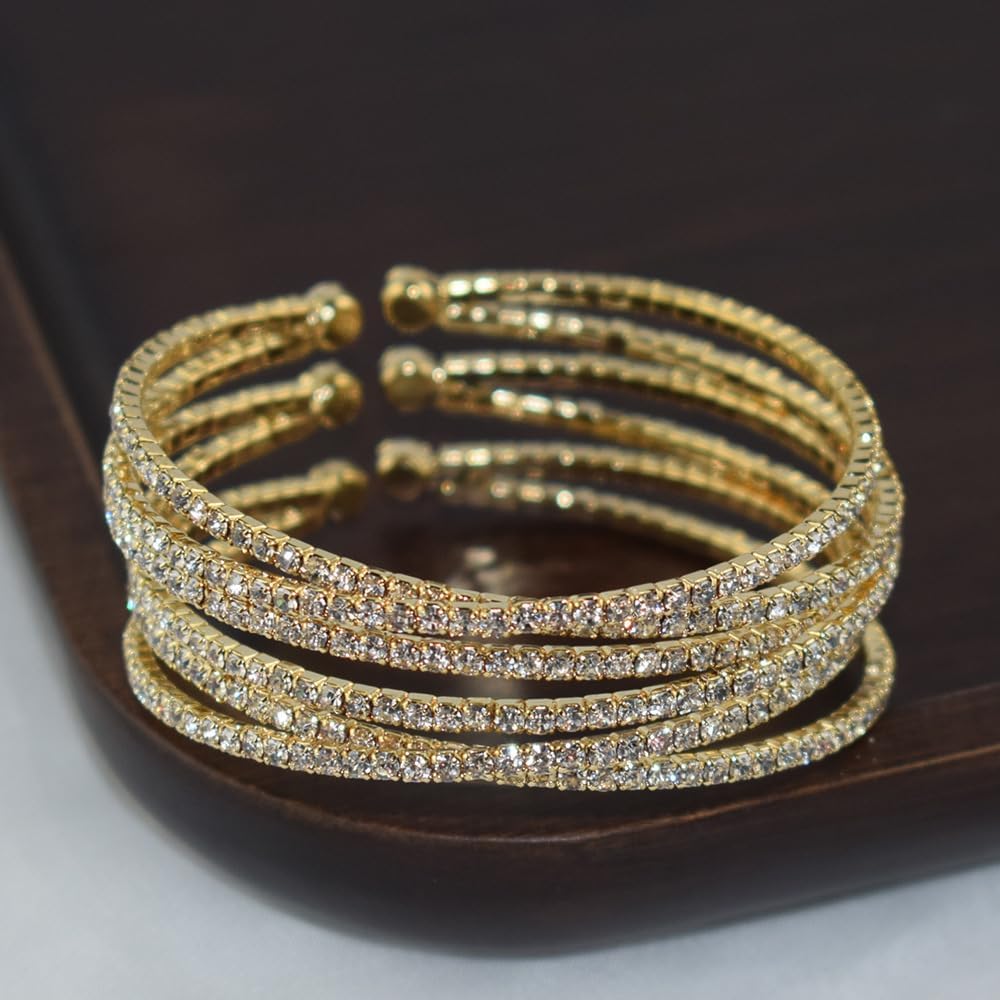 Rrdaily Layered Cubic Zirconia Cuff Bracelet for Women Teen Girls Fashion Charm 14k Gold Silver Bangle Chunky Rhinestone Prom Party Jewelry Gifts - Image 6