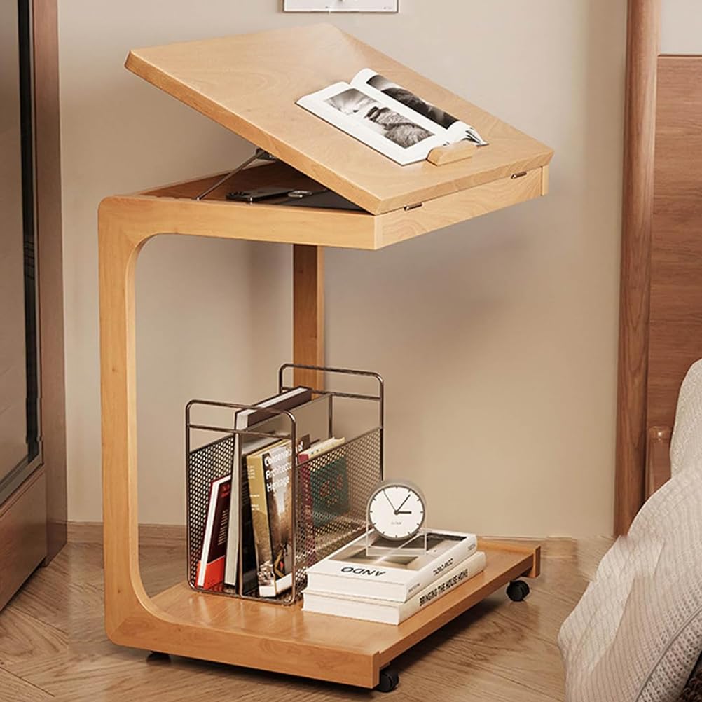 SXZenSpace Solid Wood Adjustable Desktop TV Tray Table with Wheels, C-Shaped End Tilt Angle,Side Tables for Couch,Living Rooms,Bedrooms,wood,C
