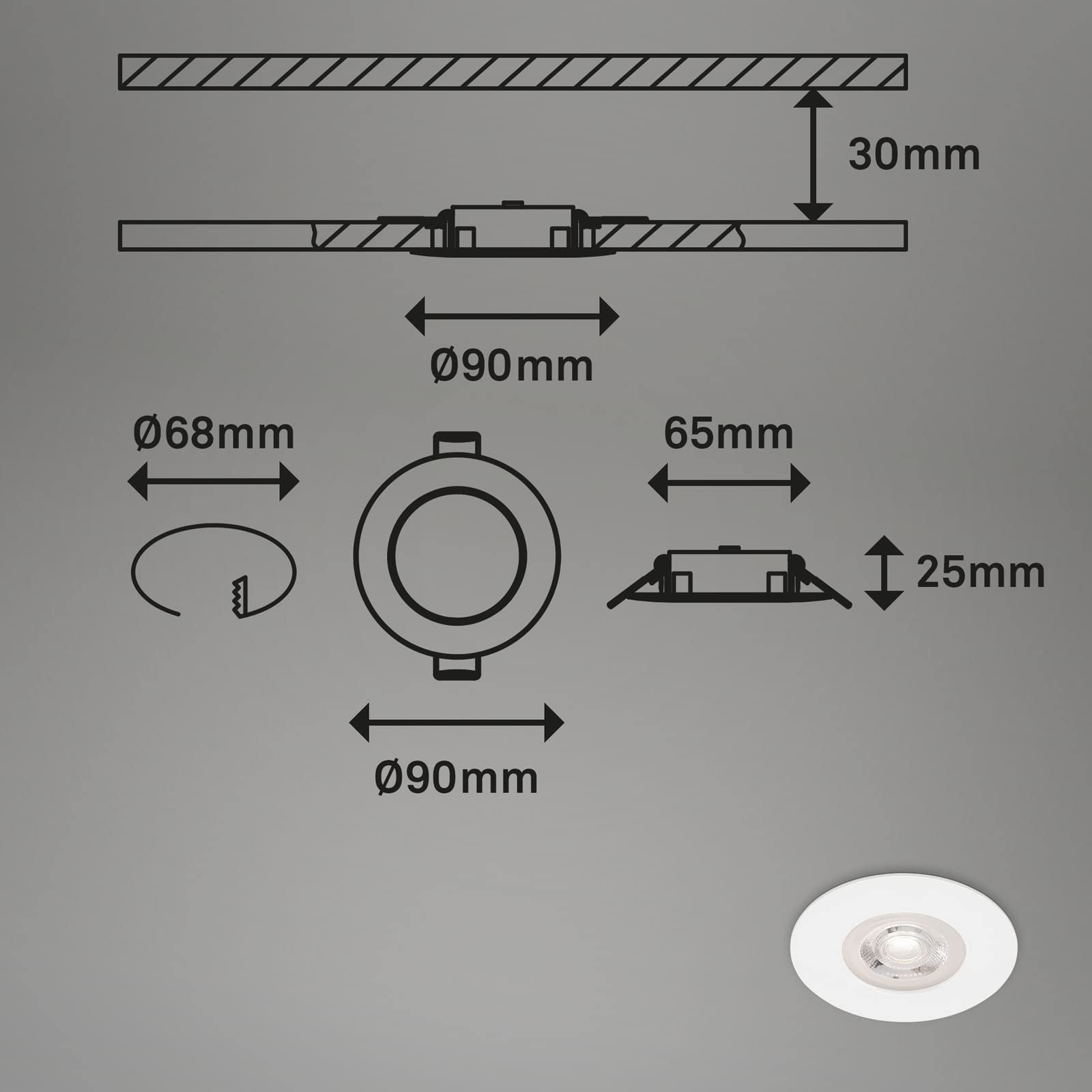 BRILONER - 3x 4er-Set LED Einbaustrahler, warmweißes Licht, LED Spot, flach, Deckenspots, Spots 230V, Einbauleuchten, Einbauspots, 68mm Lochmass, 9x2,5 cm, Weiß
