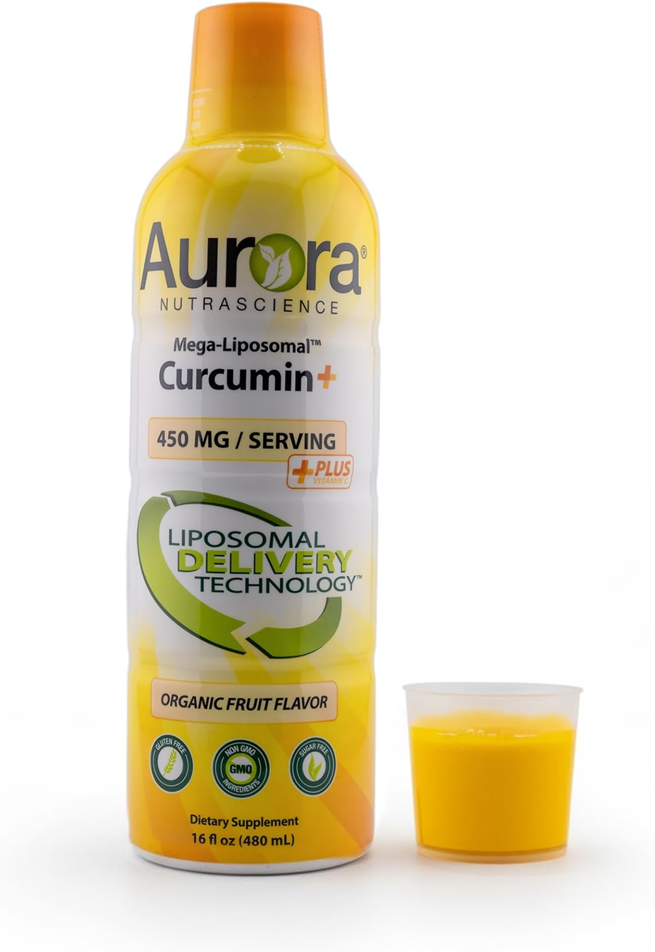 Aurora Nutrascience Mega-Liposomal Curcumin+ Vitamin C with CurcuVail, Supports Healthy Joints, Muscles, GI Tract, and Brain, Organic, Non-GMO, 450mg per Serving, 16 fl oz