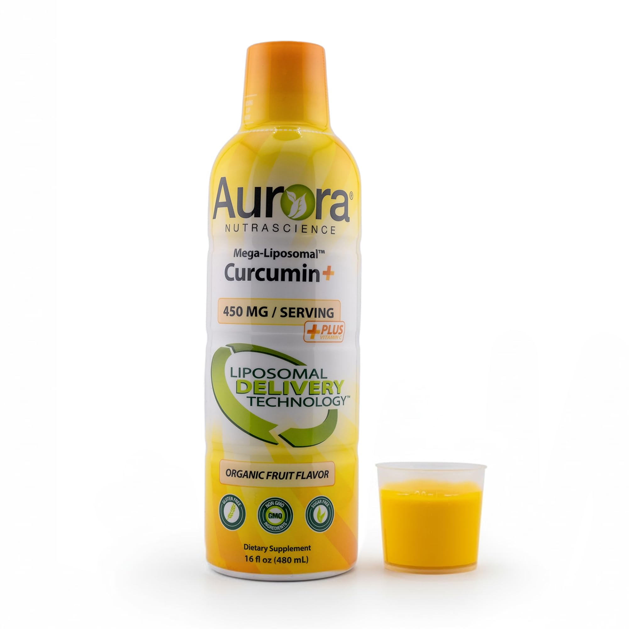 Aurora Nutrascience Mega-Liposomal Curcumin+ Vitamin C with CurcuVail, Supports Healthy Joints, Muscles, GI Tract, and Brain, Organic, Non-GMO, 450mg per Serving, 16 fl oz