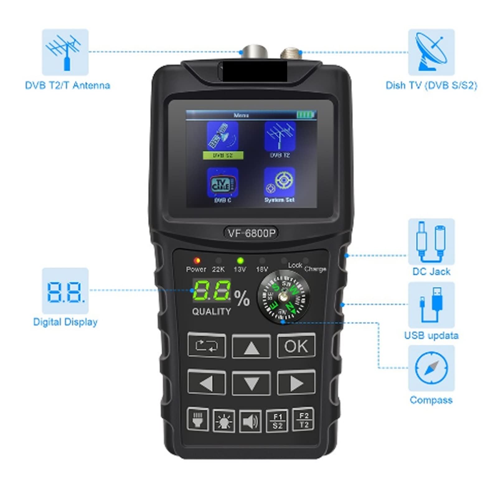 Medidor de Intensidad de señal de TV, Buscador de satélite Digital VF-6800, Compatible con DVB-T2/DVB S2/DVB C, buscador Combinado de satélite, buscador Digital for recepción de TV por satélite,Busca