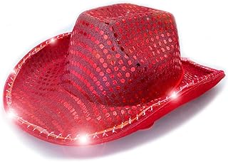 YADIRF Led Hat Cowboy Sequin Party Cap Flashing Light Up Dance Party Cowboy For Halloween Costume Cosplay Holiday (Red)
