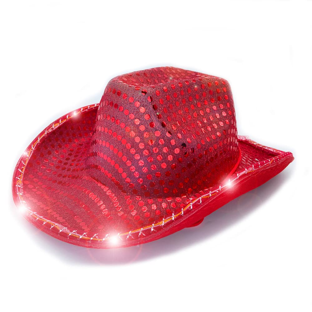 LEEMASING Led Hat Cowboy Sequin Flashing Light Up Dance Cowboy For Christmas Halloween Birthday Wedding Festival Party (Red) โ image 1