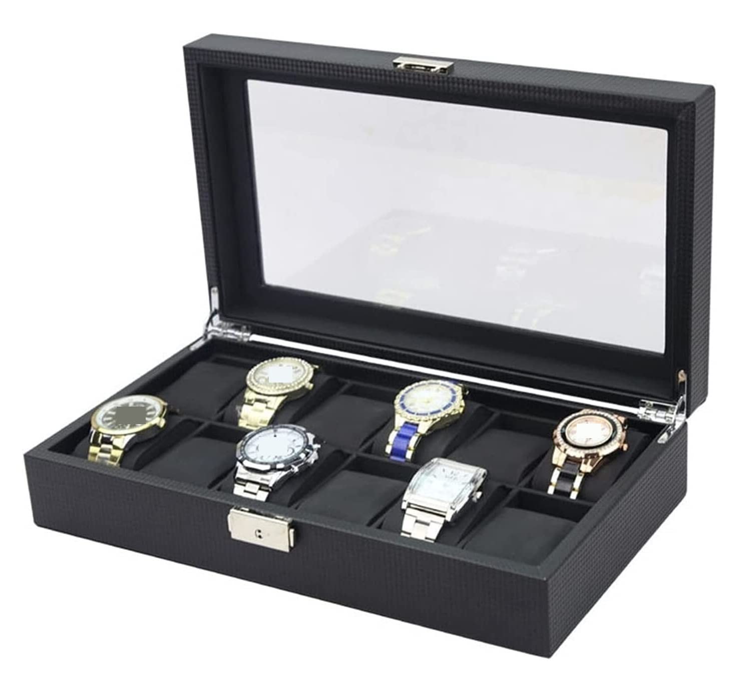 Caja De Reloj Caja De Almacenamiento Para Exhibición De Relojes, Colección De Joyas, 12 Ranuras, Fibra De Carbono, Hebilla De Metal, Caja Organizadora Para Relojes Estuche Para Relojes