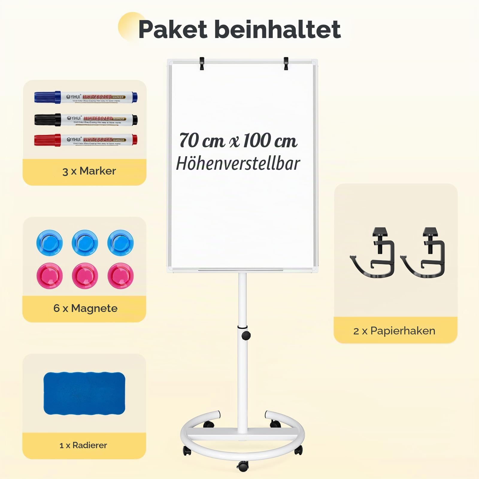 100x70cm Flipchart Ständer, Magnetische Whiteboard mobil mit Rollen, höhenverstellbar 157-195cm, trocken abwischbar, magnetisch, für Büro Schule Zuhause