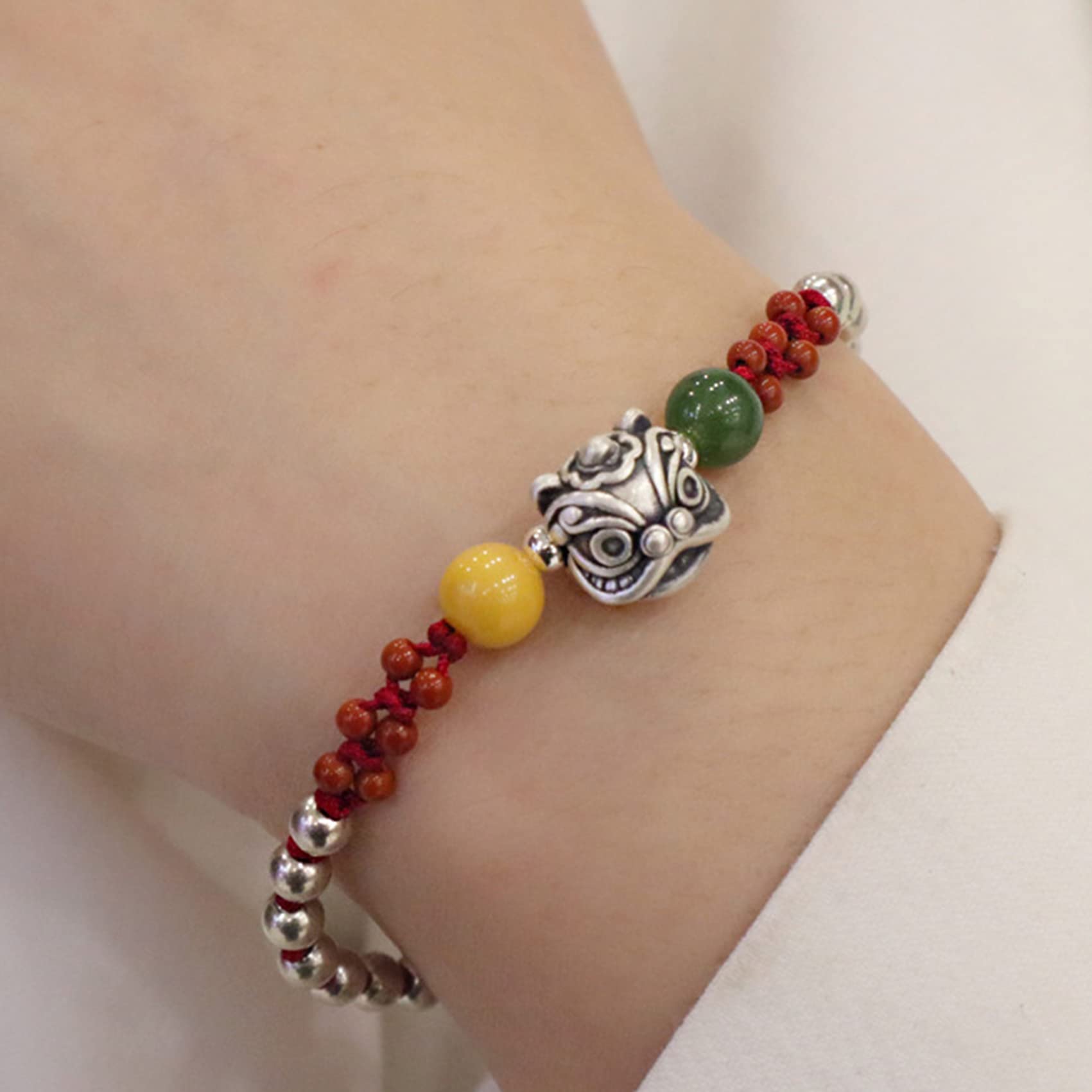 Brazalete encantado Pulsera de plata de ley 999 con león danzante, accesorio de plata antigua for mujeres y hombres, pulsera tejida con hilo rojo, amuleto, buena suerte, riqueza, joyería, regalos for