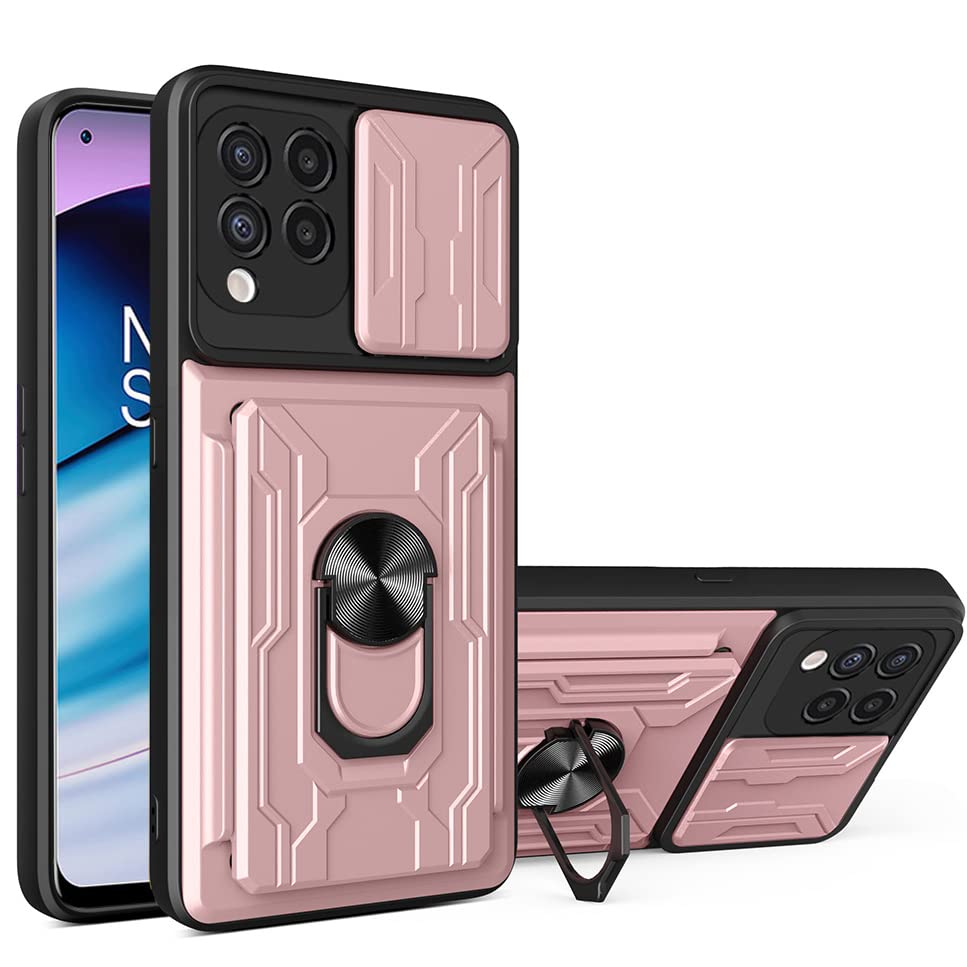 CCSmall for Samsung Galaxy M33 Case with Card Holder, Heavy Duty Protection Phone Case with Magnetic Ring Kickstand Slide Camera Cover for Samsung Galaxy M33 LJK Rose Gold