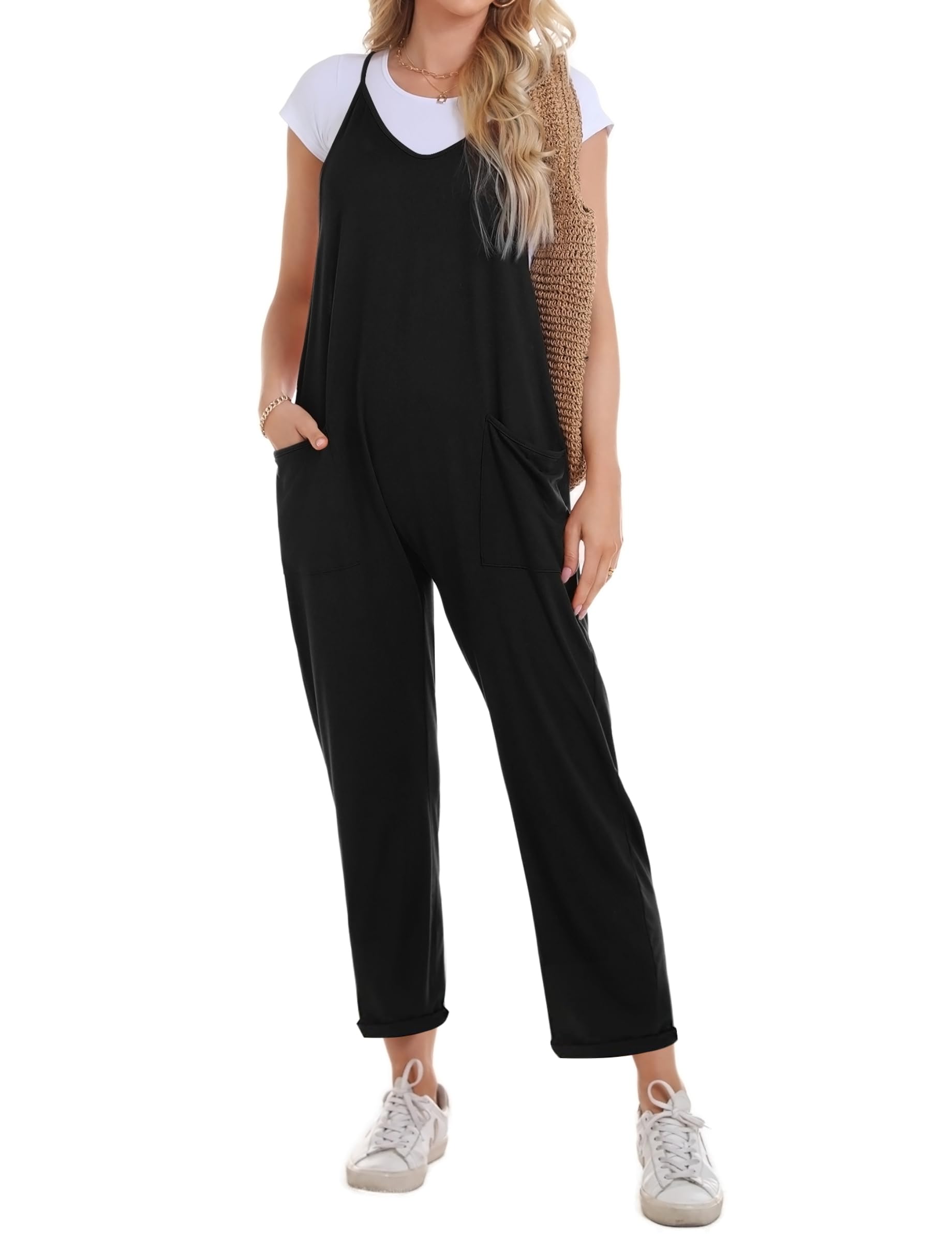 Migcaput Mono Peto Suelto Mujer Verano Pantalones de Peto Mujer Largo Moda Color Sólido Jumpsuits Overalls con Bolsillos Ancha Playa Cómodo Pantalón Rompers