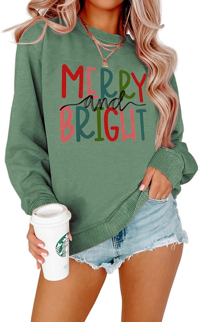 MODNTOGA Women's Merry and Bright Crewneck Sweatshirt Long Sleeve Merry Christmas Sweatshirt Retro Fall Winter Pullover Tops Green Large