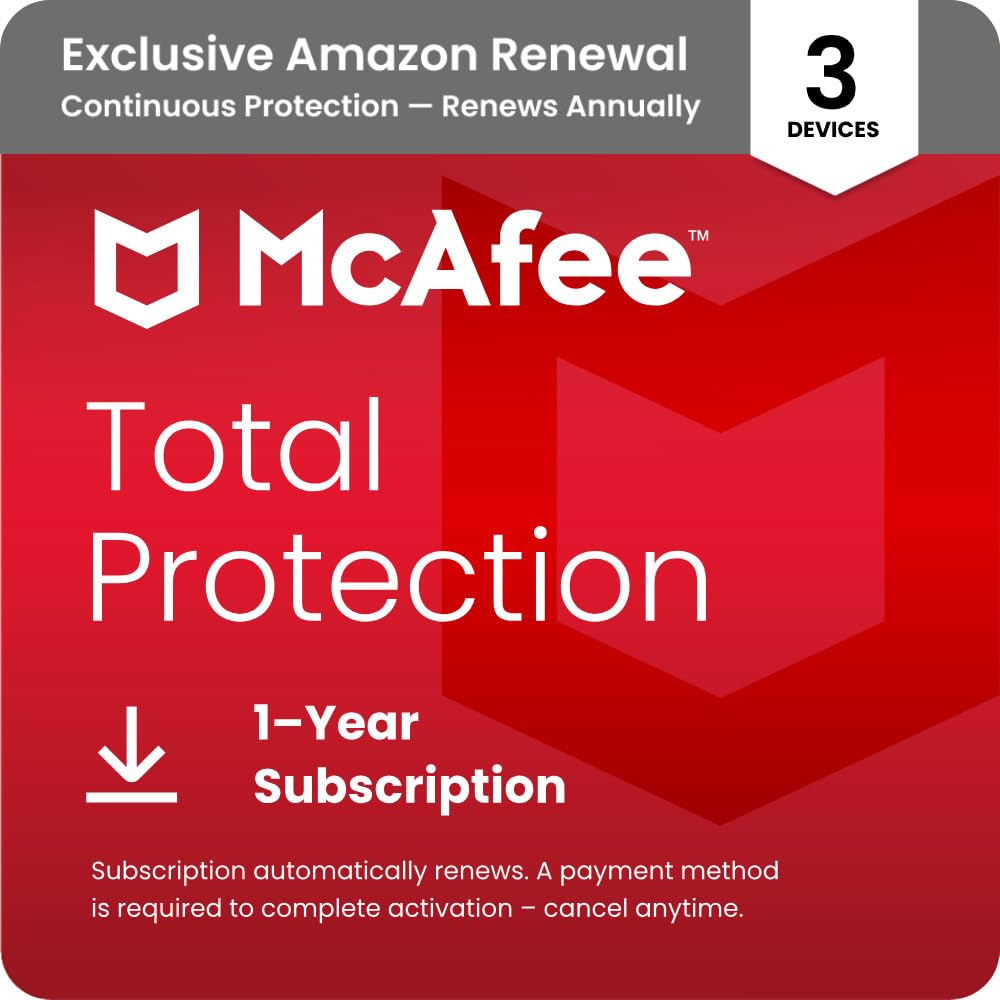 mcafee total protection 3-device 2025 ready security software includes antivirus secure vpn password manager identity monitoring  1 year subscription with auto renewal