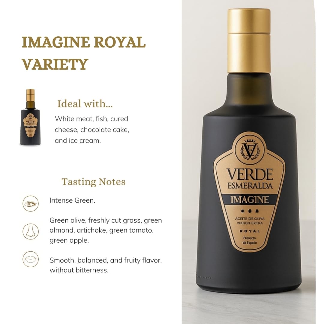 Verde Esmeralda Imagine Royal Extra Virgin Olive Oil – Rare Spanish EVOO 500ml – Cold Pressed Royal Variety from Sierra de Cazorla – High Polyphenol – Designer Black & Gold Bottle – Delicate & Fruity