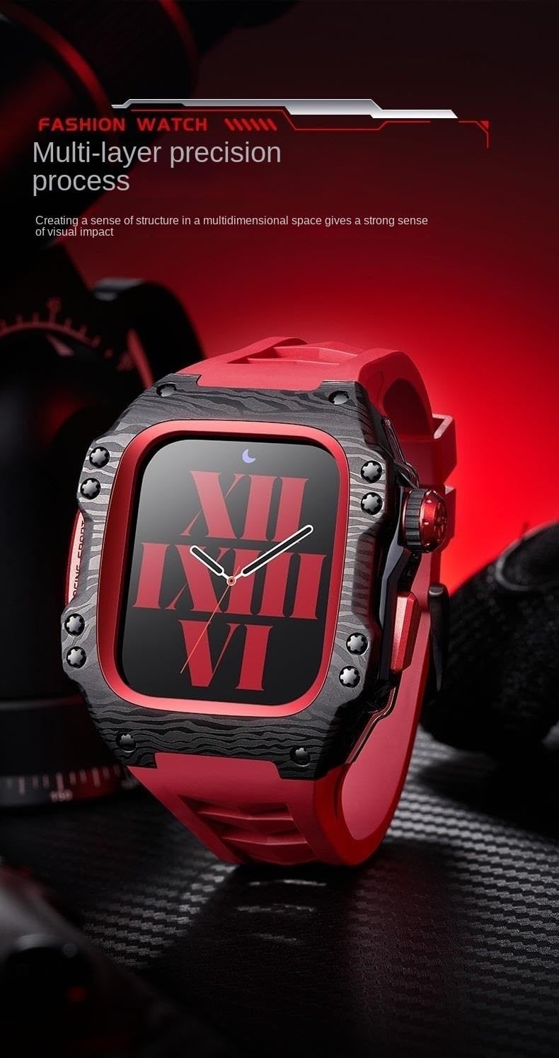 Rubber Strap Titanium Alloy Protective Case Kit，For Apple Watch 9 8 7 6 5 4 SE 44mm 45mm Modified Carbon Fiber Pattern Protective Case