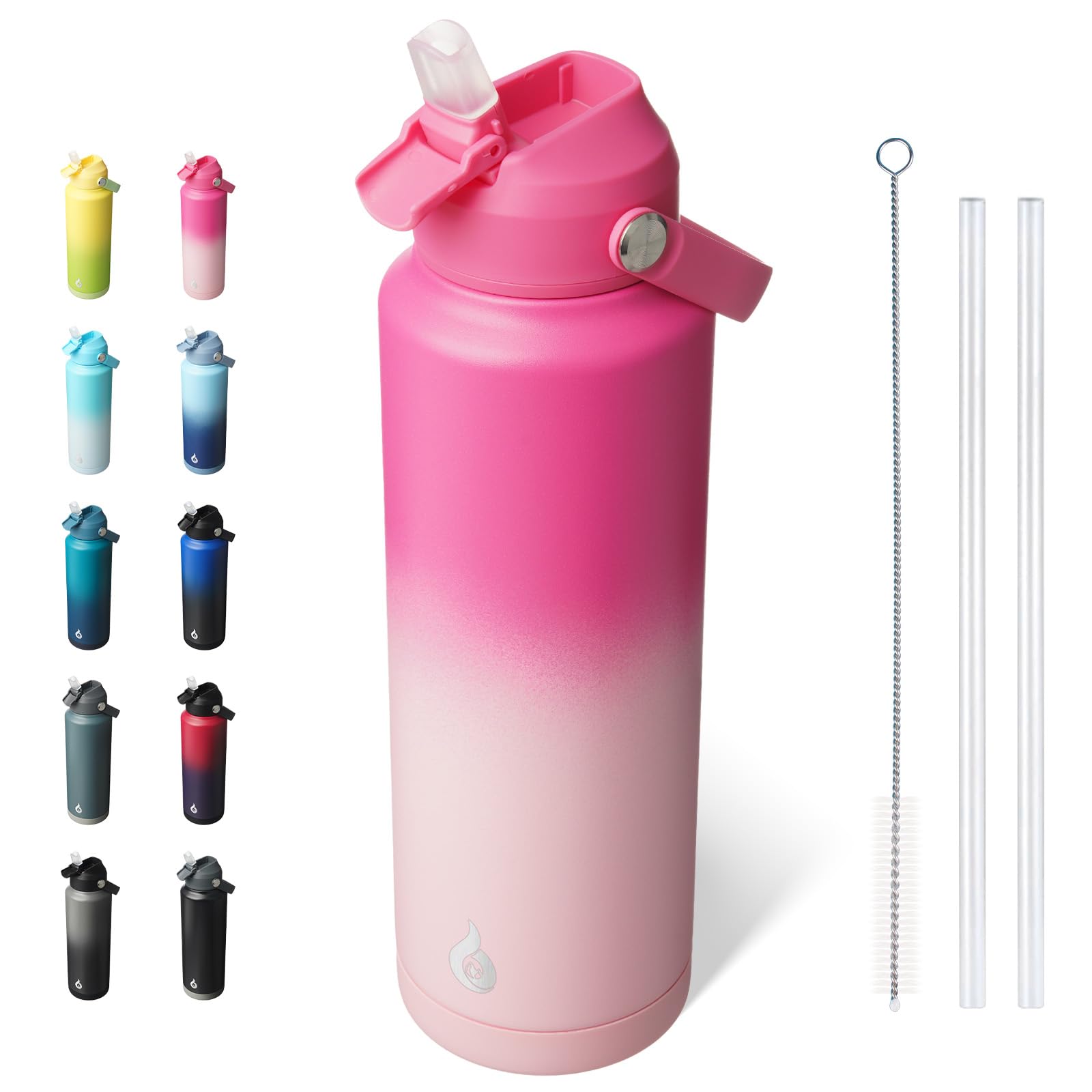 BJPKPK Insulated Water Bottle with Straw Lid, 40oz Large Thermos, BPA Free Leak Proof Stainless Steel Metal Water Bottles, Tumblers, Cups, Flasks for Travel, Sports,Cherry