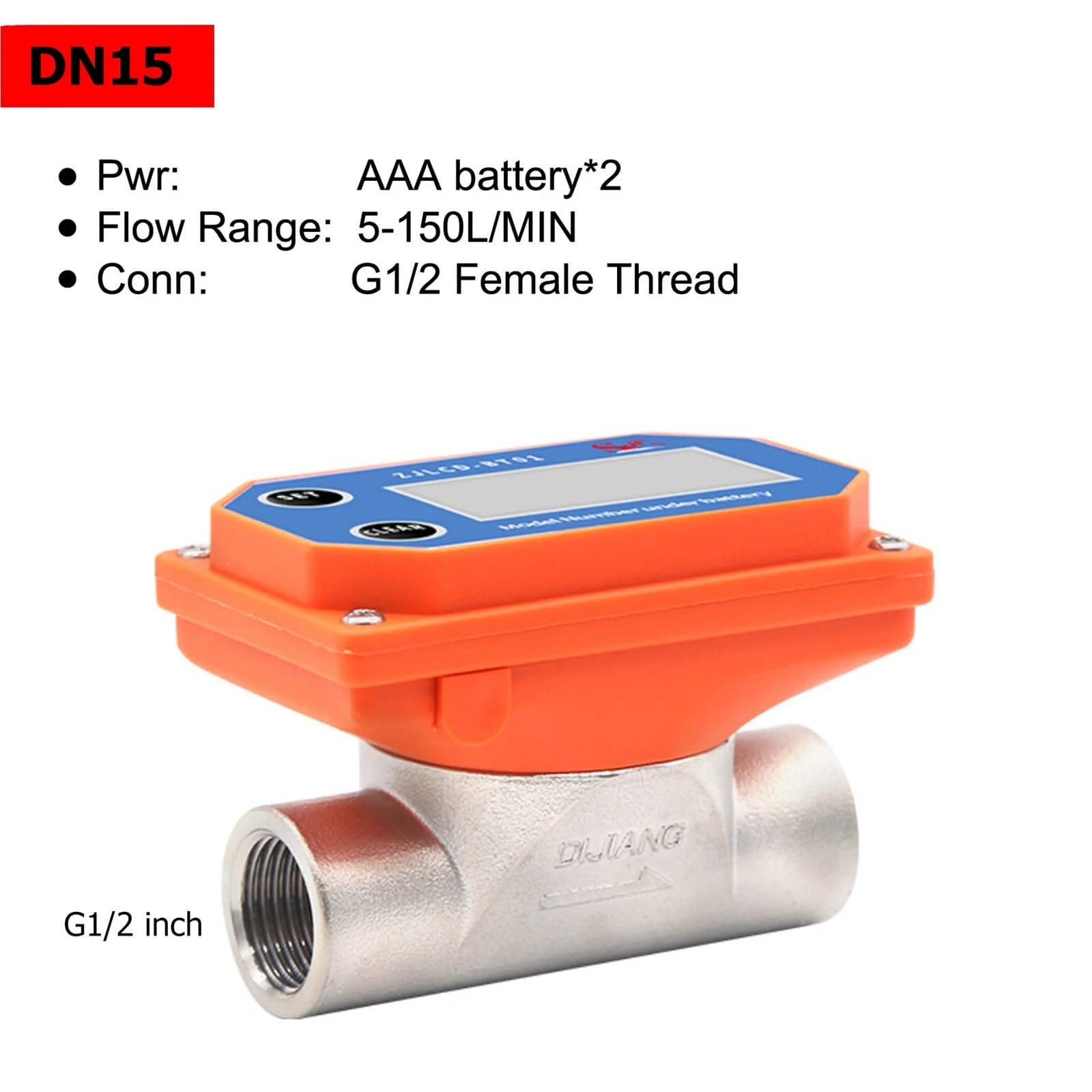 Medidor de Flujo de Agua, Medidor de flujo Digital inteligente, medidor de flujo de acero inoxidable de alta precisión, pantalla LCD, Sensor de flujo de agua for riego de jardines y granjas(DN15)