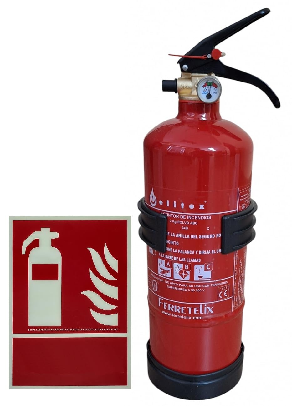 FERRETELIX® Extintor 2 Kg ABC (Eficacia 8A 34B C) + Soporte + Cartel Fotoluminiscente 21x30 cm – Homologado – Fabricado en España – Año 2026