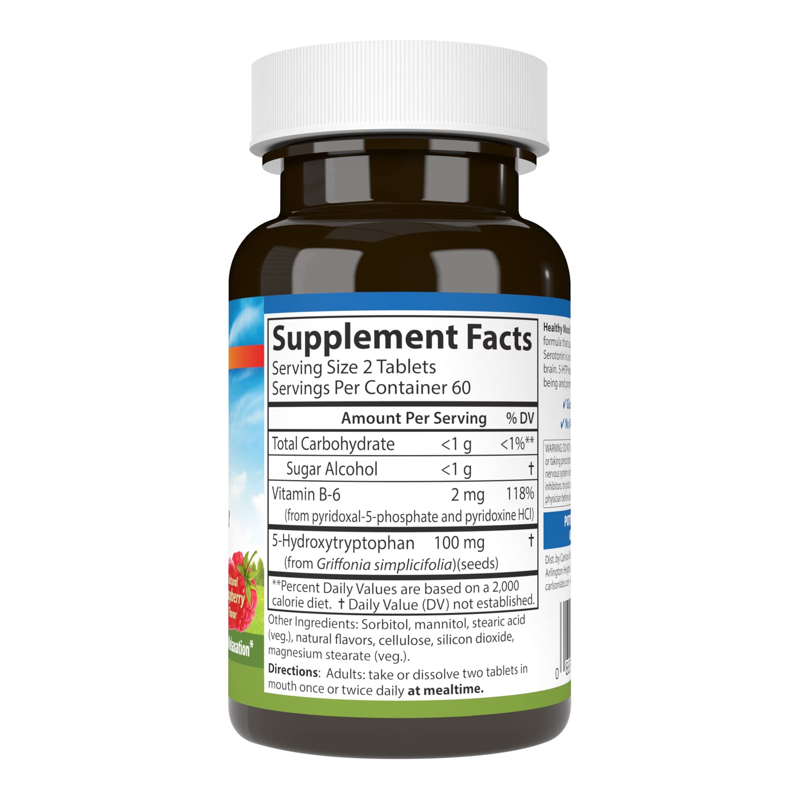 Carlson - Healthy Mood 5-HTP Elite, 100 mg, Serotonin Production, Healthy Mood & Promotes Relaxation, Natural Raspberry Flavor, 120 Tablets