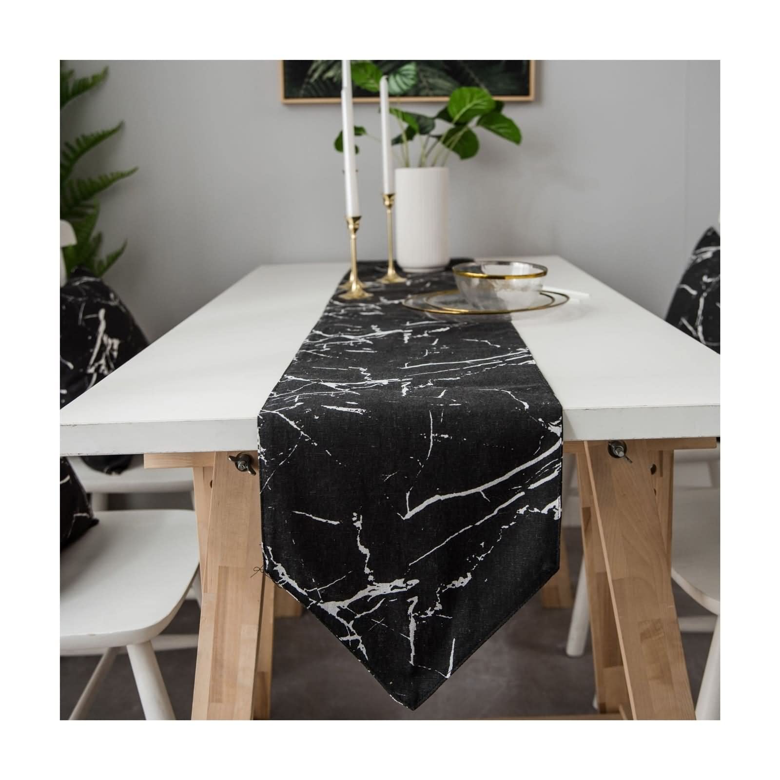 Camino de Mesa Navidad, Centros Decorativos de Mesa Comedor Patrón de Mármol Negro Sabana de Algodon 30x220CM