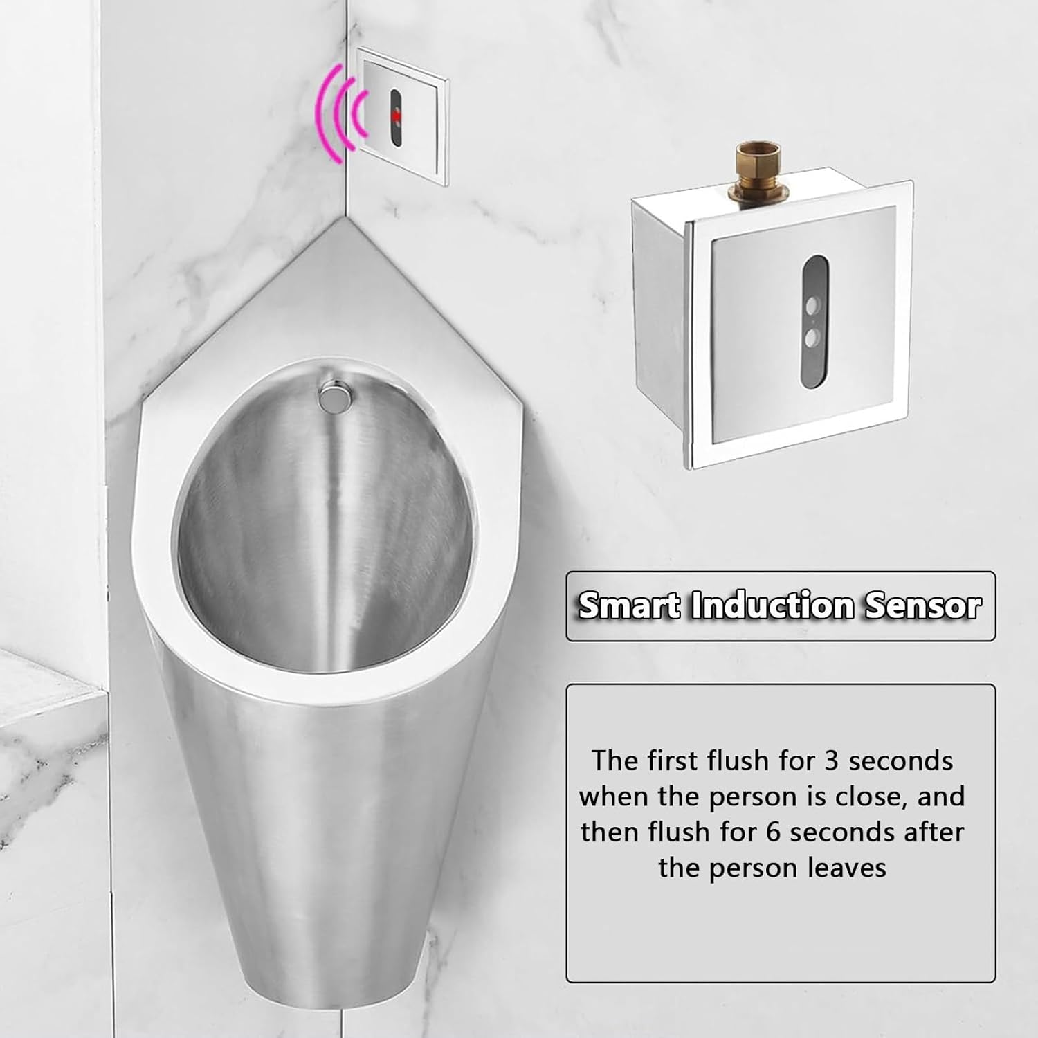 Wall Mounted Sensor Urinal, Spill Proof Urinal with Sensor Flush Valve, Commercial Men's Flushing Urinal, 304 Stainless Steel Urinal, Automatic Flush, Save Spac