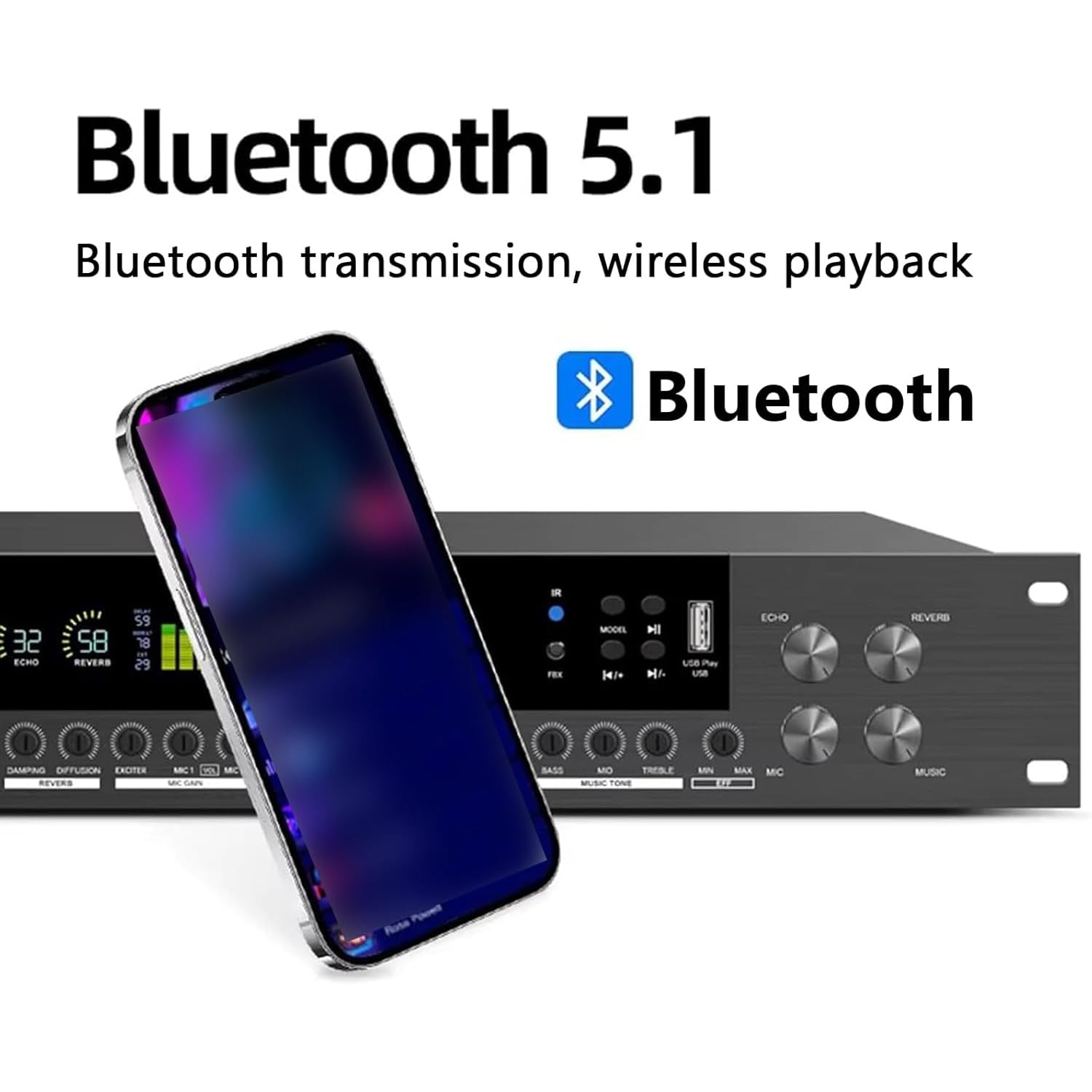 Ecualizador de espectro de 15 bandas, procesador de efectos digital de preamplificación, con pantalla LCD, mando a distancia, función anti-aullidos, capacidad de reproducción USB/Bluetooth, procesador