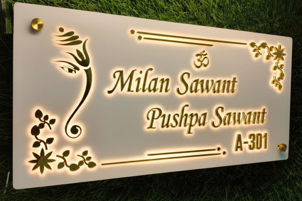Aarushi Creations Acrylic Personalized Home Door Name Plate with LED Light - 3 Year Warranty - 10 Year Design Life - Acrylic Embossed letters, Mirror shine, White, Sun & Rain Suitable (16x8 in 3 mm)-picture-21