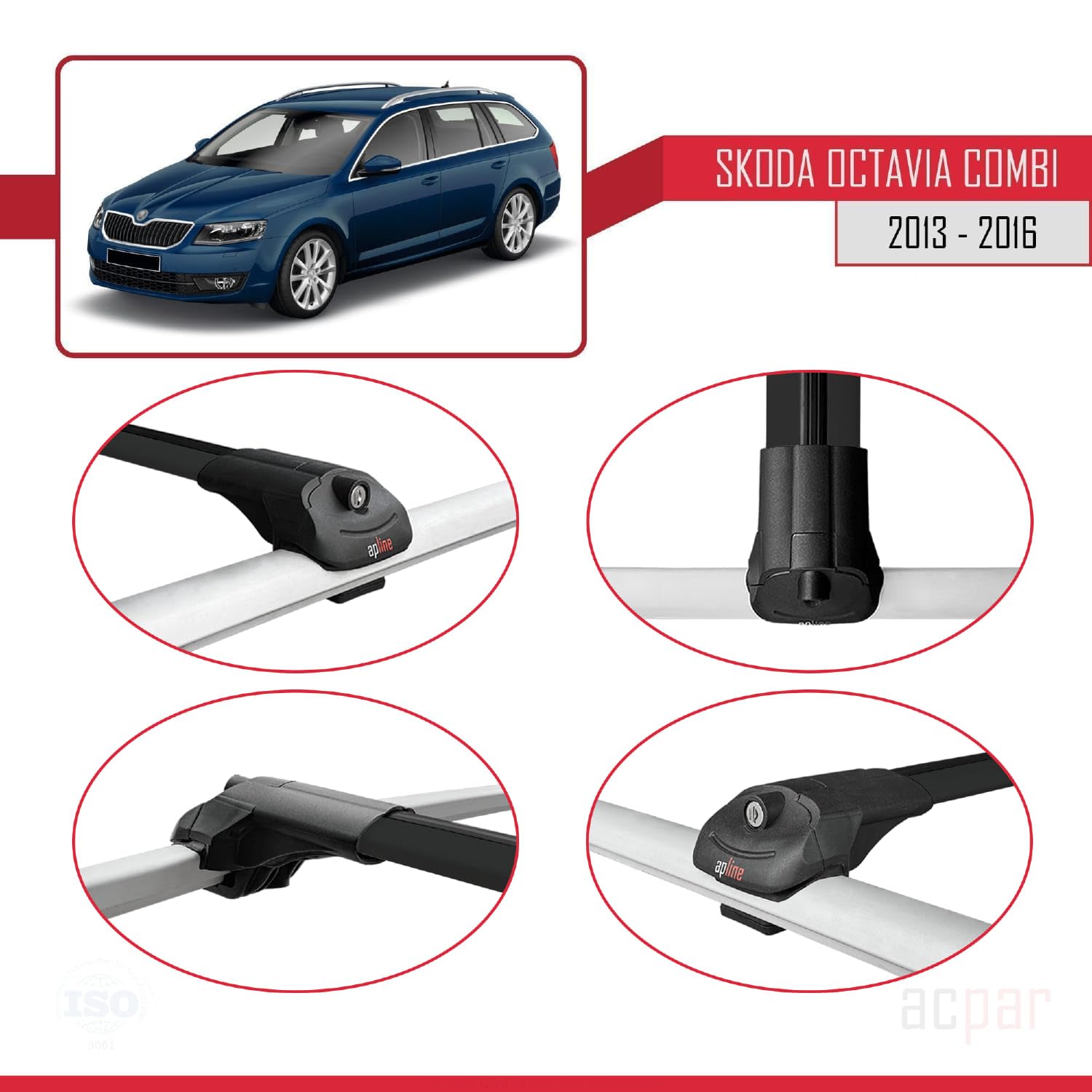 Compatible con Skoda Octavia 3 (5E) Combi Pre-Facelift 2013-2017 Modelo Ace-1 Barra de Techo Auto Portaequipajes Barras Transversales Negro Aluminio 2 Barras