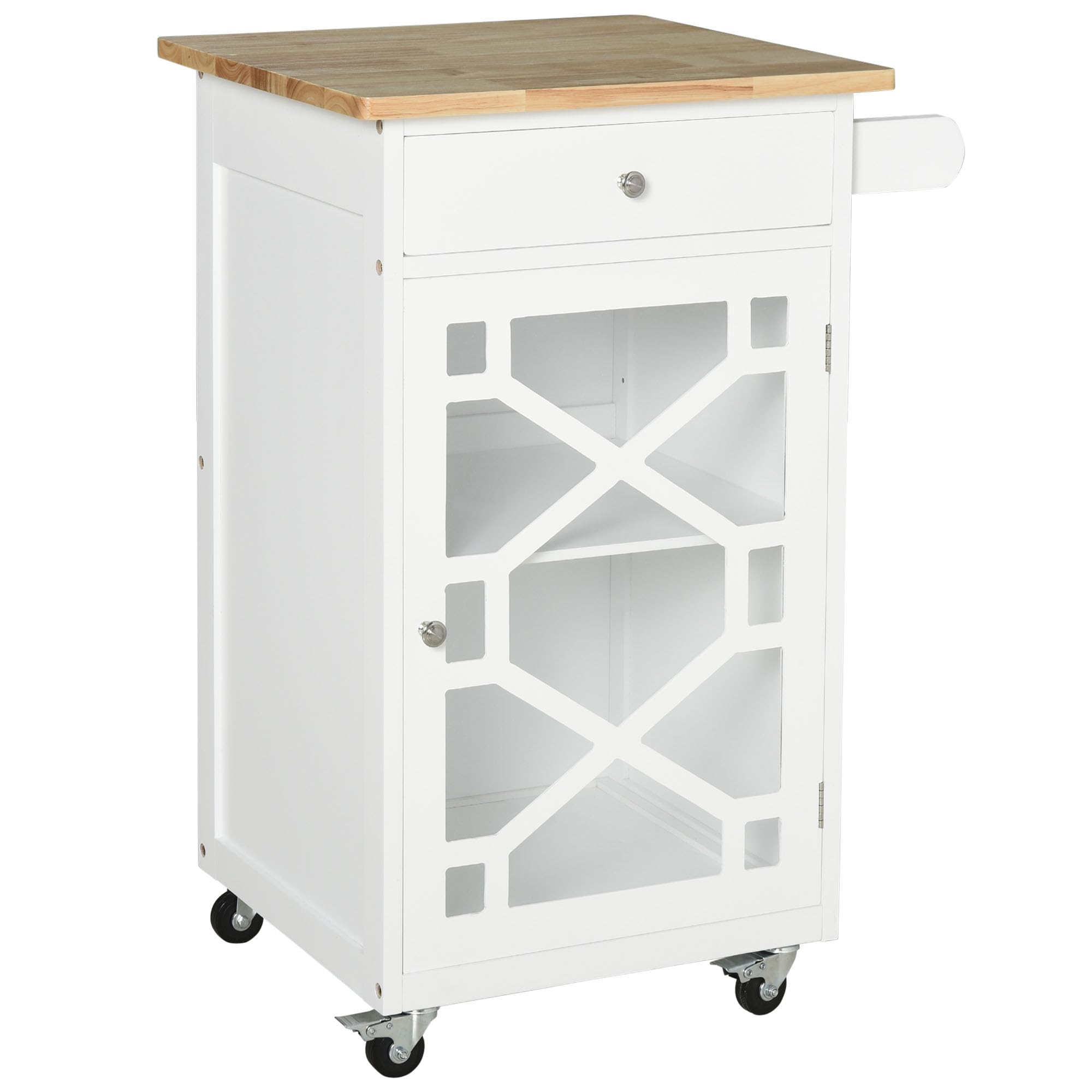 HOMCOM Carro de Servicio con Ruedas Dim. 63 x 45 x 86 cm, Madera Blanca | Postre de cocina, cajón, armario, toallero, mueble con ruedas