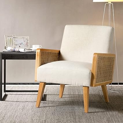 Ther kashth Delphine Cane Accent Chair, Linen Living Room armrest Chair Rattan arm Rest Cane Chair