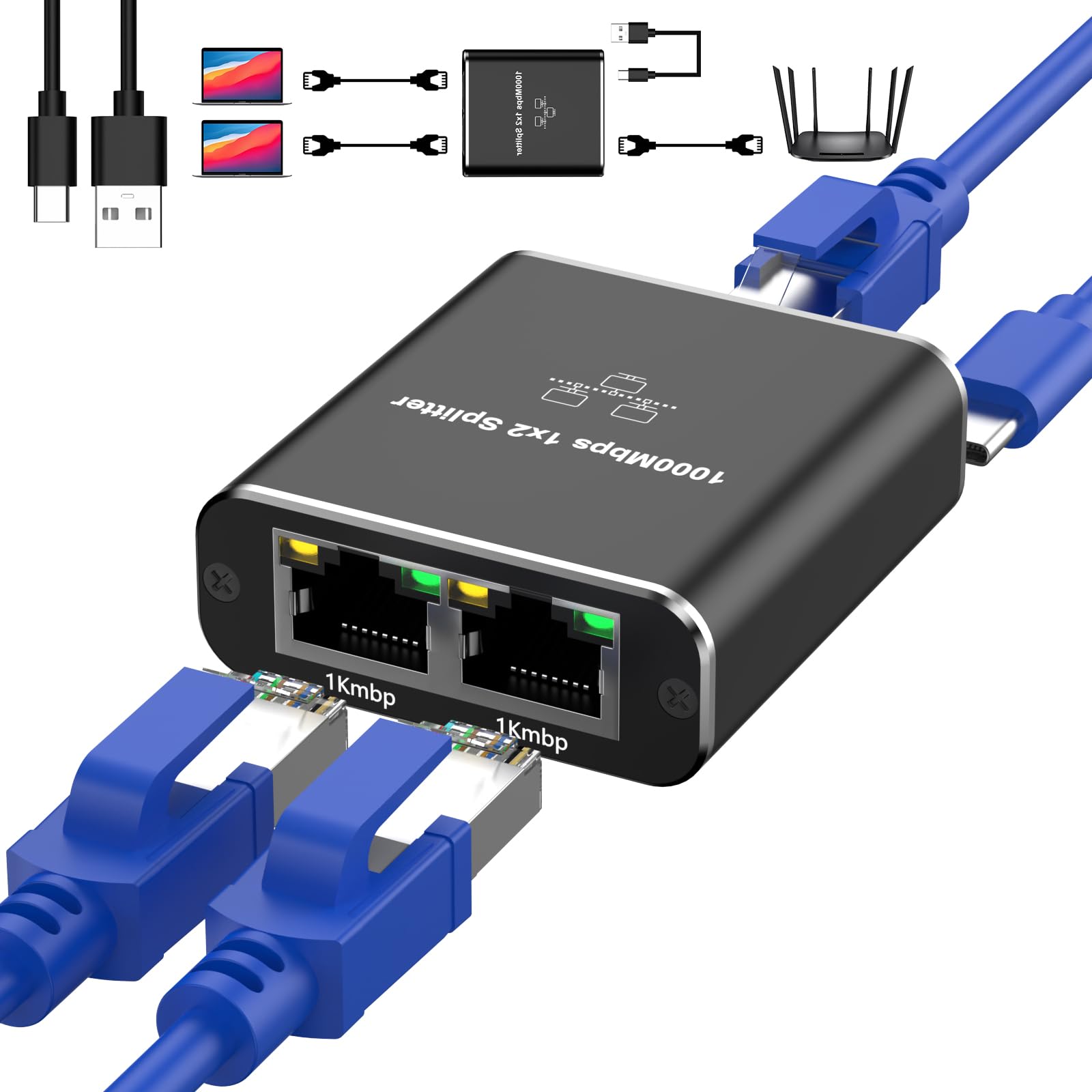 Ethernet Splitter 1 to 2 Out with Cat 6 Ethernet Cable,Gigabit Network with USB Power Cable,RJ45 Internet Adapter 1000Mbps Speed for Cat 5/5e/6/7/8 [2 Devices Networked Simultaneously]
