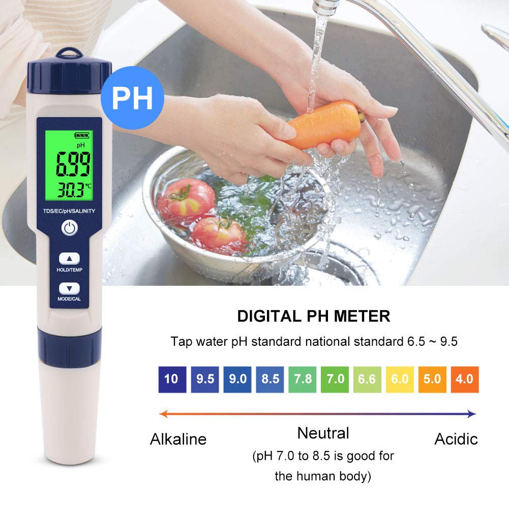 Tester di qualità dell'Acqua, Portatile 5 in 1 Misuratore di Test di qualità dell'Acqua Tester PH PH di Salinità TDS con Retroilluminazione per Acqua Potabile Piscina Lavorazione Alimentare