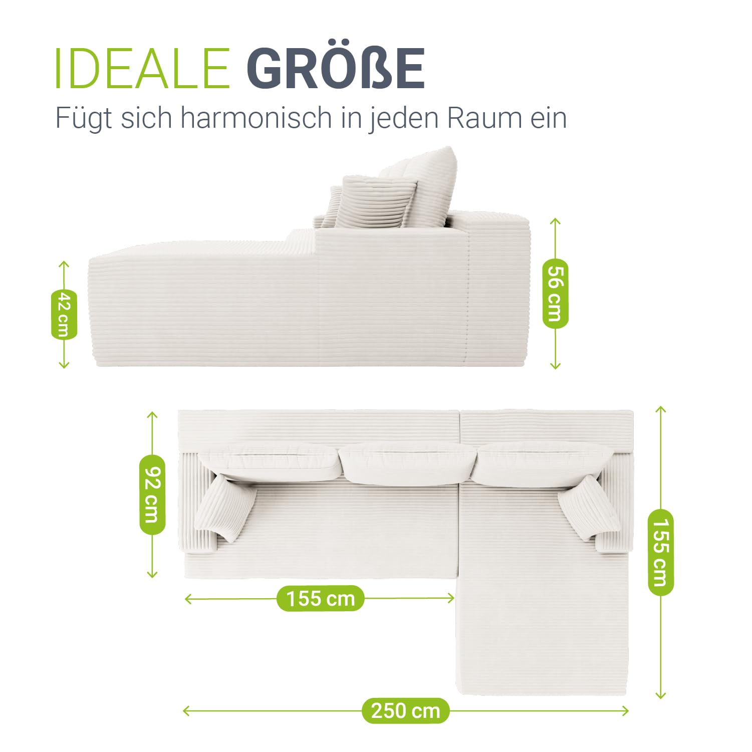 Juskys Sofa Coredo - modernes Cord Sofa mit Ottomane rechts, gemütliche Couch mit Schaumstoffpolsterung, Cordbezug & Kissen, modular - Creme