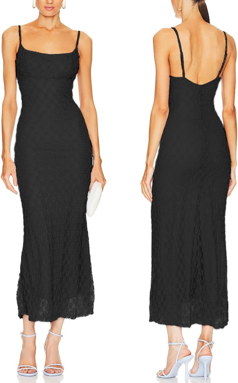 JLCNCUE Women's Spaghetti Straps Lace Mesh Maxi Dress Square Neck Backless Mermaid Dress for Wedding Party 38