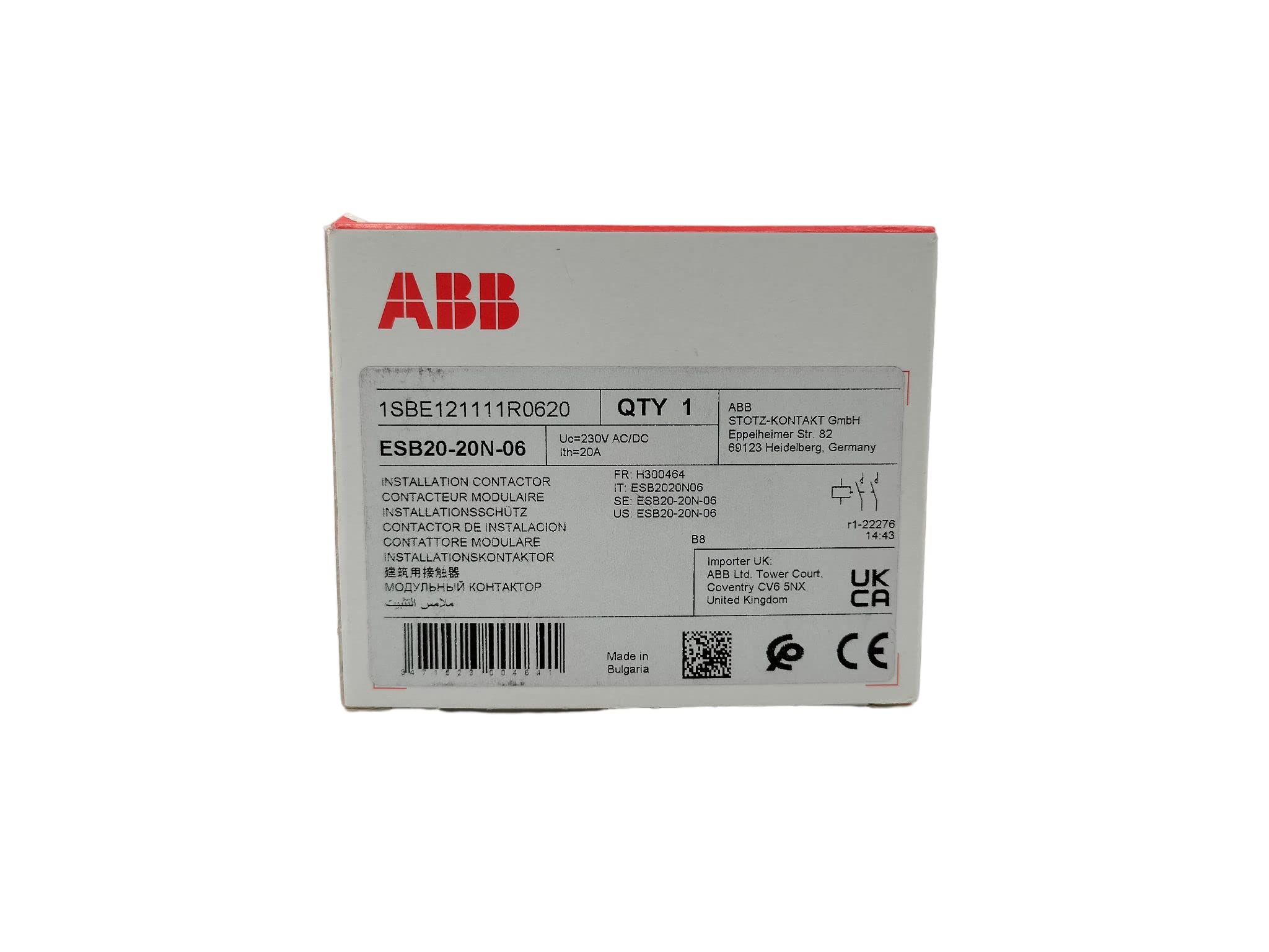 RASMACOR | Contactor modular ABB ESB20-20N-06 | Contactor mudular 2P 20A 2NA 230AC/DC | 18x85x65mm | Durabilidad mecánica:1000000 cycle