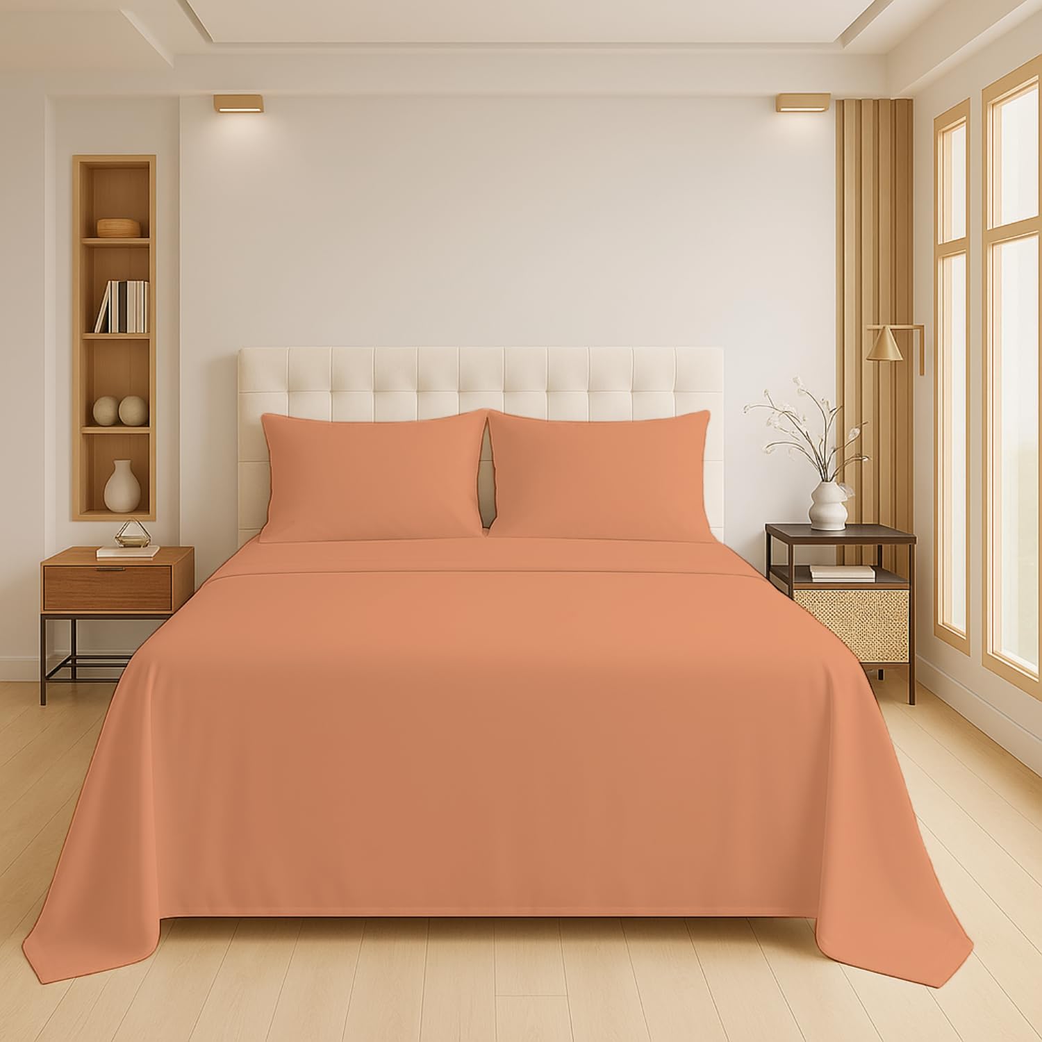 Luxury Flat Sheet Polycotton Plain Dyed Easy-care Non-Iron Bedsheets Parcale Wrinkle-resistant polycotton fabric (50% cotton 50% polyester) (Peach, Single) — image 1