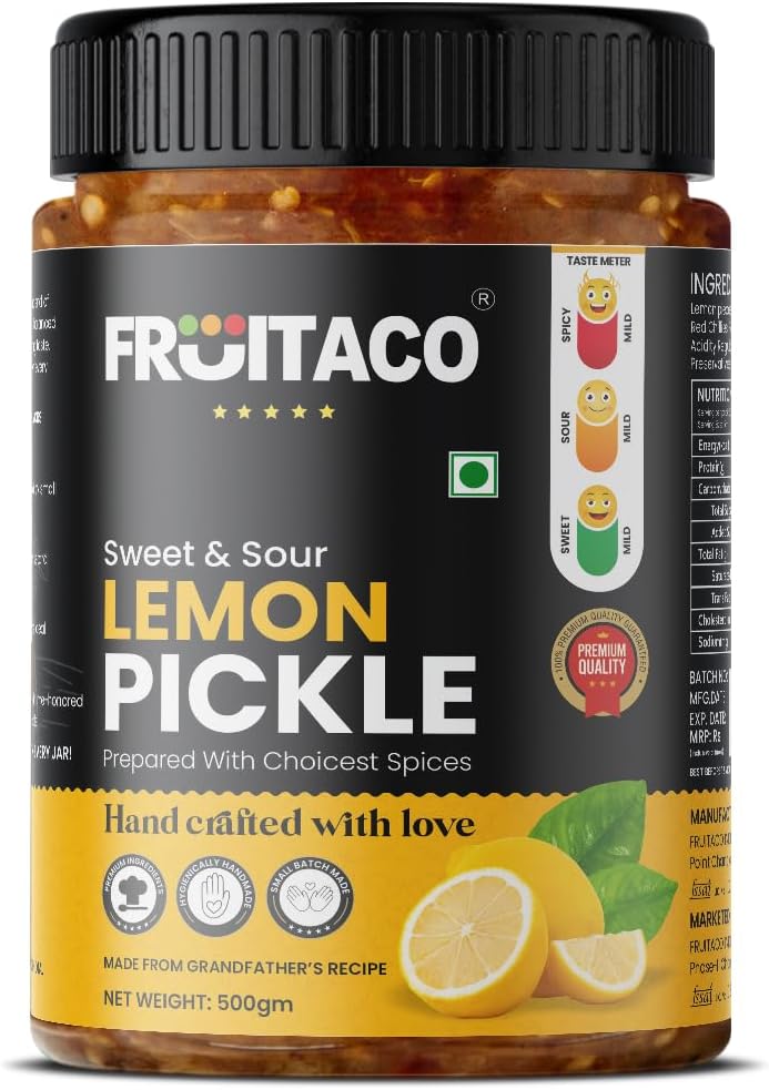 Fruitaco Lemon Pickle – Authentic Indian Pickle with Tangy and Spicy Flavor | Perfect Side for Meal (500 Gm, Sweet & Sour Lemon Pickle)