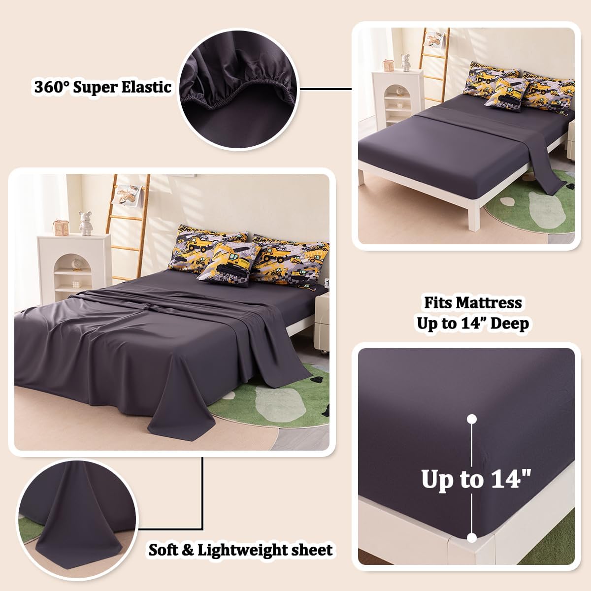 6 Pcs Twin Bedding Set for Boys, Kids Construction Truck Comforter Sets with Sheets, Excavator Truck Twin Boys Bedding Sets - Image 4