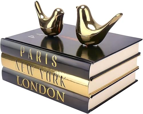 Libros decorativos para decoración del hogar con pequeñas estatuas de pájaros dorados, decoración de mesa auxiliar de estilo moderno, libros