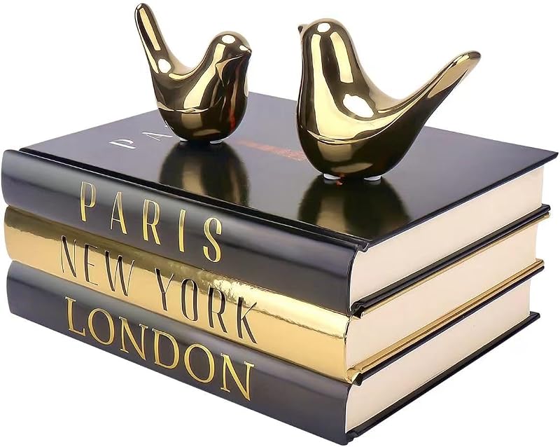 Decorative Books for Home Decor with Gold Bird Statues, 3-Piece Book Set | Coffee Table Decor, Real Books, Modern Home Accent, Bedroom Living Room Office Desk Cabinet Shelf, New York/Paris/London