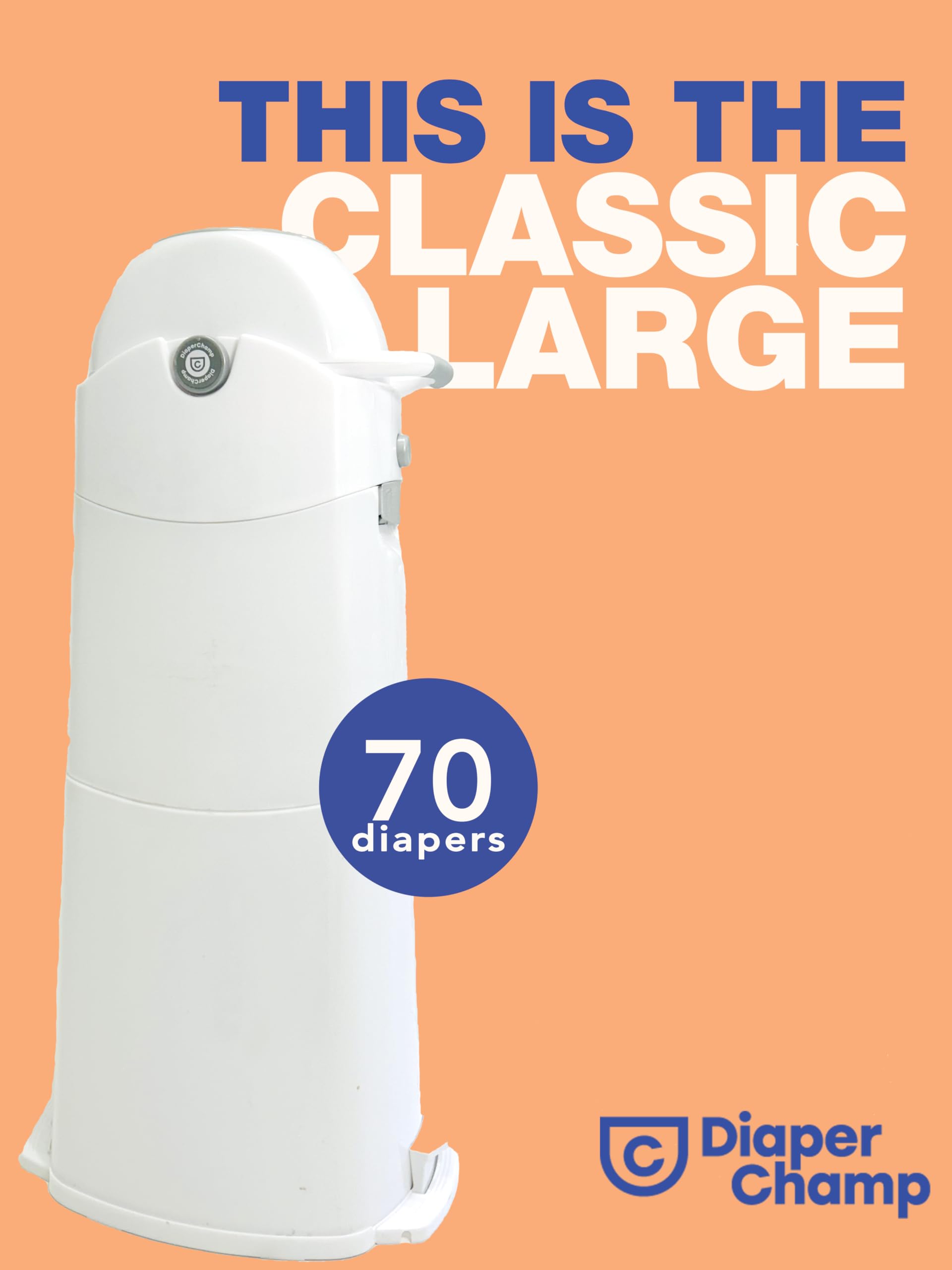 DIAPER CHAMP Classic Large - Mangiapannolini inodore - Grande capacità fino a 70 pannolini - Usa sacchetti normali - Ideale per diversi bambini nei pannolini, gemelli, asili nido, genitori ospiti