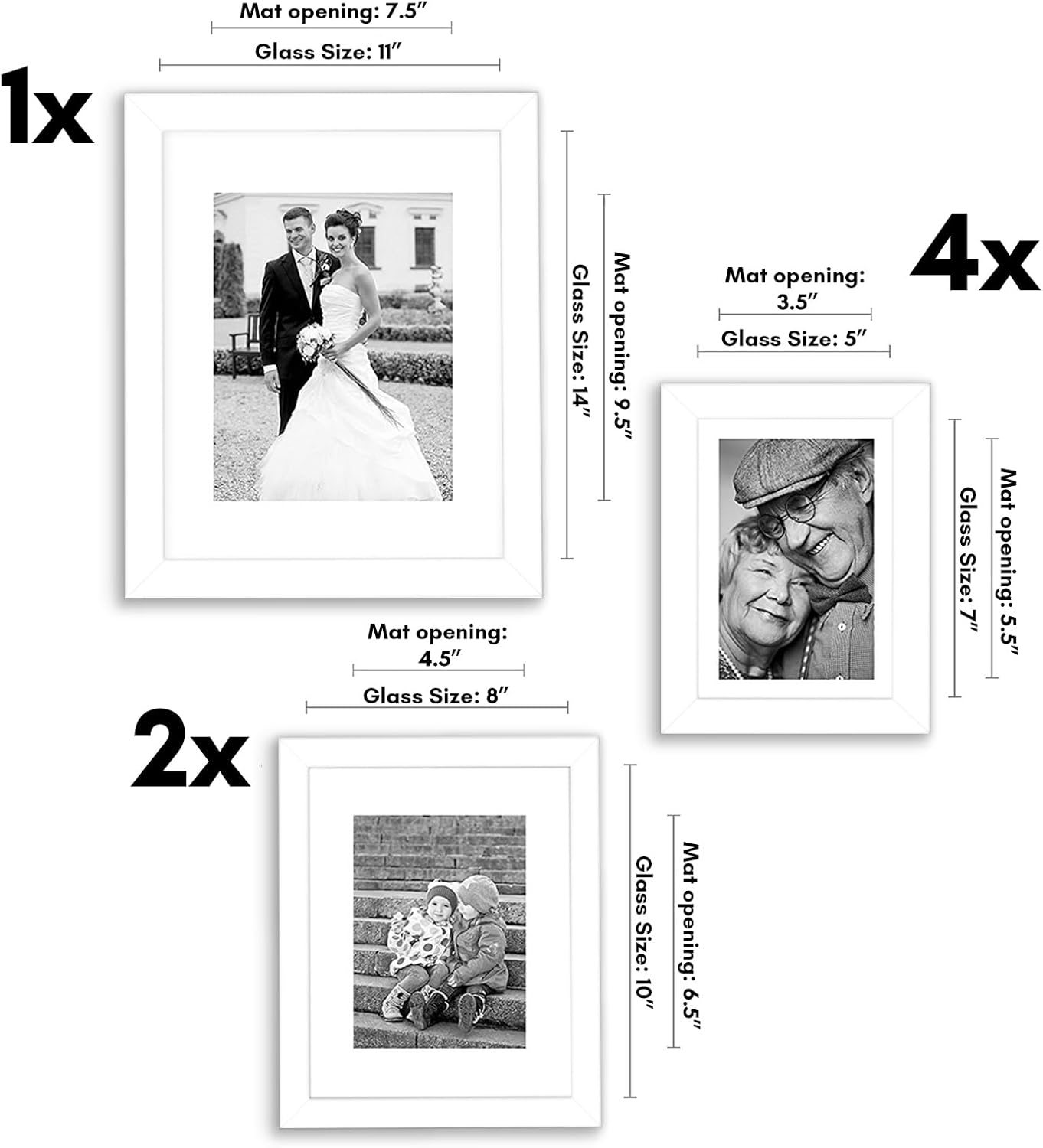 Americanflat Set of 7 Picture Frames with Shatter-Resistant Glass - Gallery Wall Frame Set with One 11x14, Two 8x10 and Four 5x7 Frames - Signature Collection - White