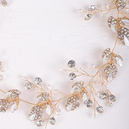 Miniatura 7 de BERYUAN Boda de hoja de oro de cristal de vid de diamantes de imitación postizo dorado novia hecho a mano accesorio para el cabello de cuentas de