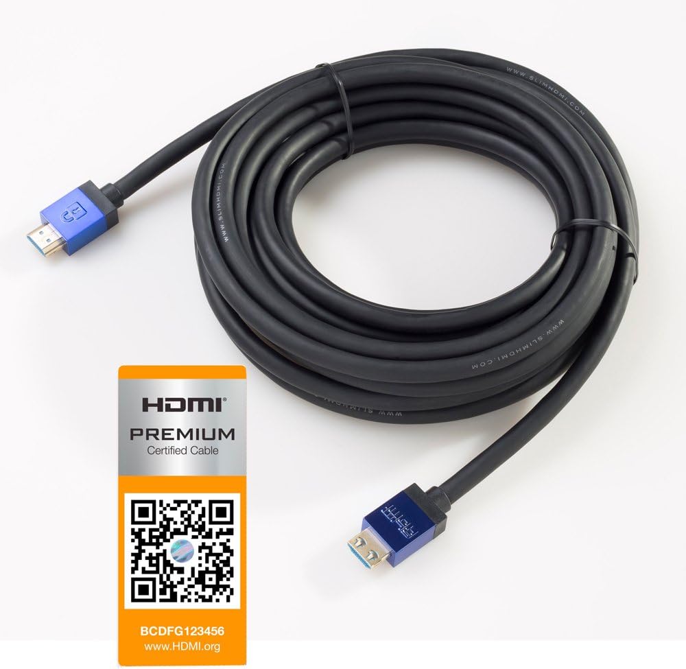 SlimHDMI 6.5m Premium Certified HDMI Cable with Secure Lock Connector (4K Ultra HD, Gold Plated, 1080p, 3D, High Speed, ARC)