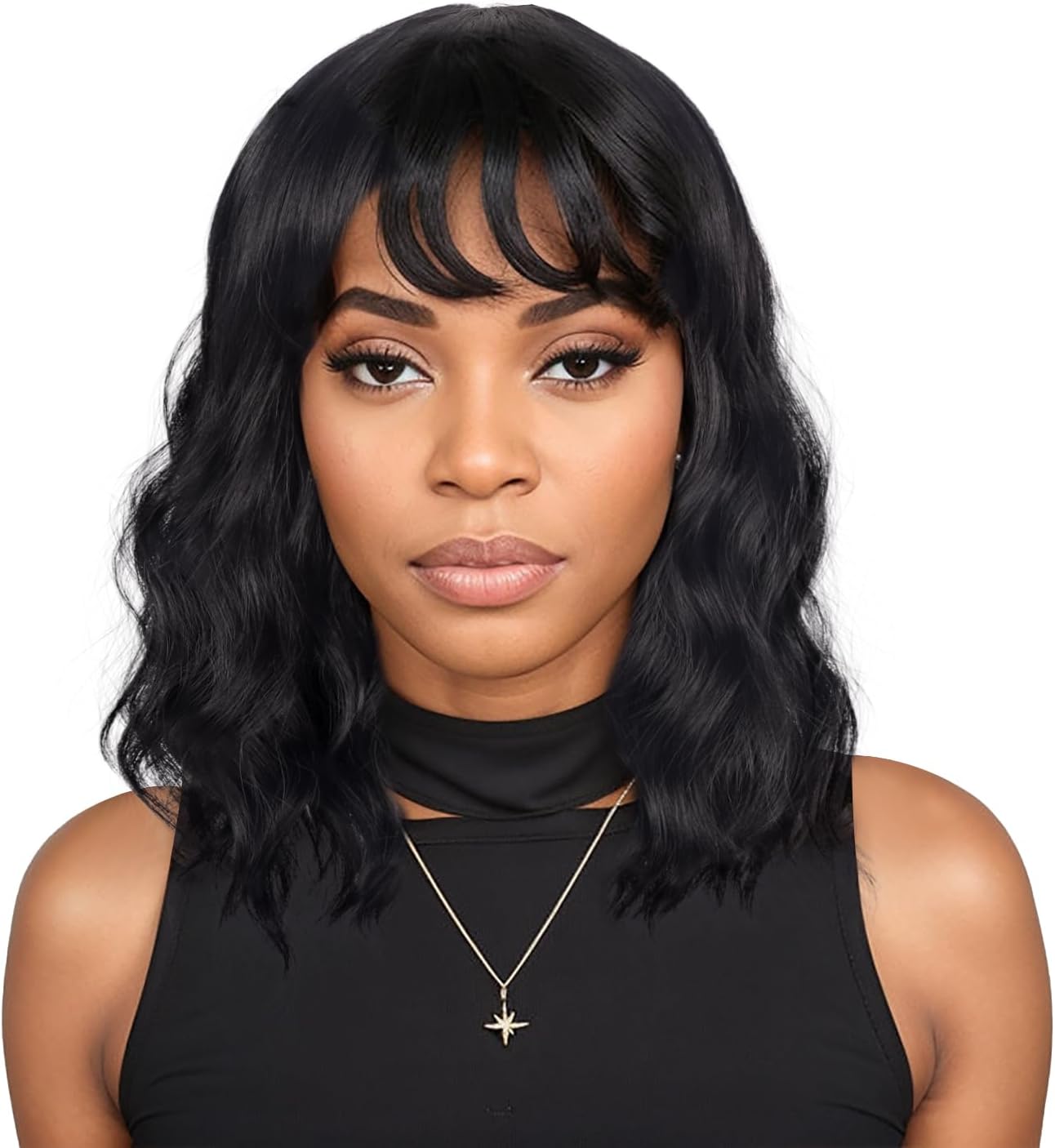 Shoulder Length Natural Black Wavy Bob Wigs For Women Short Wavy Wigs With Bangs Synthetic Wavy Wigs Heat Resistant Daily Use Wigs(Natural Black)