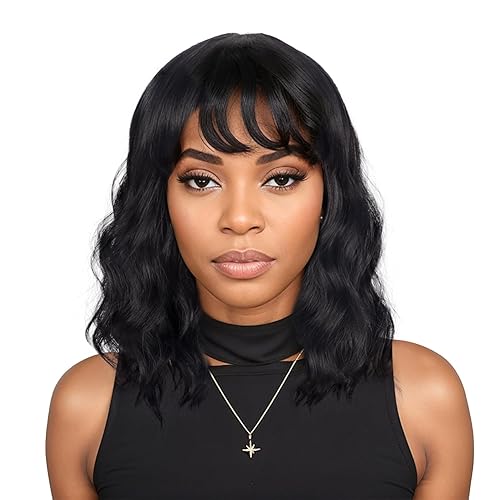 Pelucas de moda a la altura del hombro para mujeres negras, pelucas onduladas con flequillo