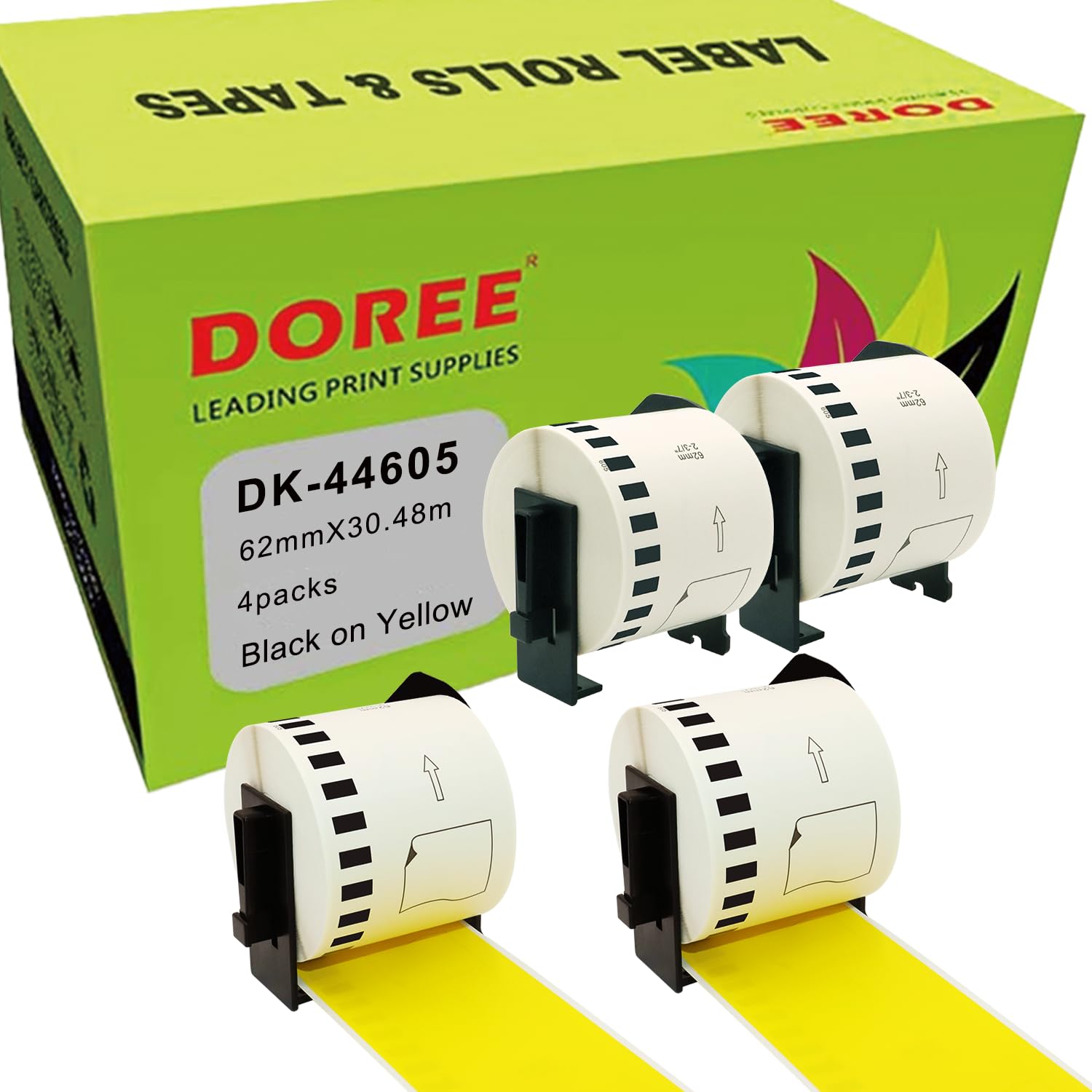 Doree 4 Rollos DK-44605 Negro sobre Amarillo, 62 mm x 30,48 m, Etiquetas sin fin extraíbles compatibles con Brother's QL-500,QL-550,QL-570,QL-700,QL-720NW,QL-800,QL-810W,QL-820NWB,QL-11000,1110 NWB